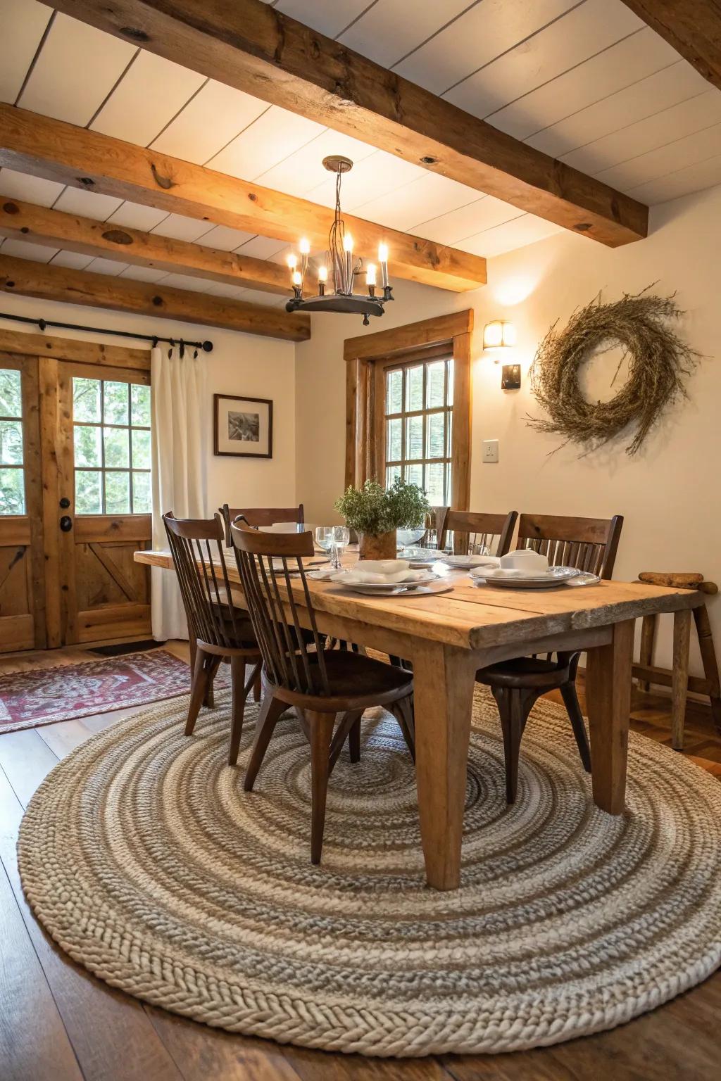Interwoven ground coverings imparting rustic allure to the dining space.