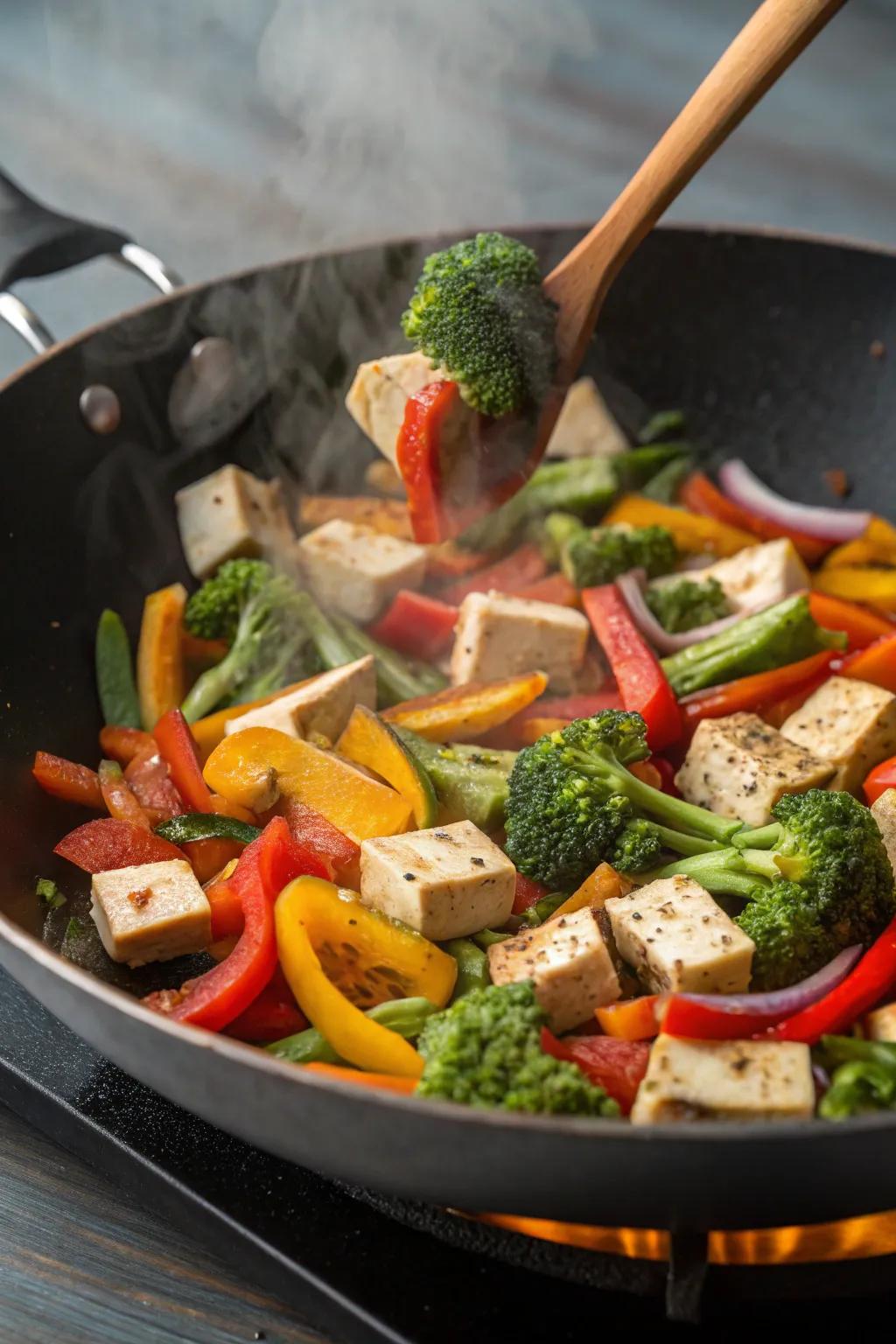 A vibrant mixed greens stir-fry including pressed bean curd.