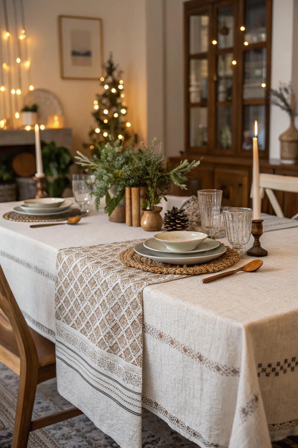 Textured table linens amplify the visual charm of the table.