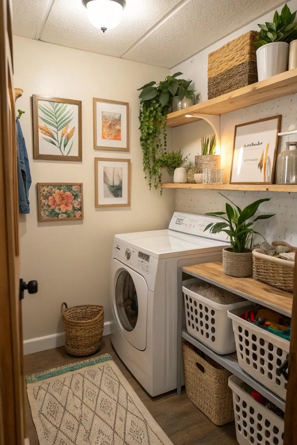 Transform your laundering area into a calming area with artwork and greenery.