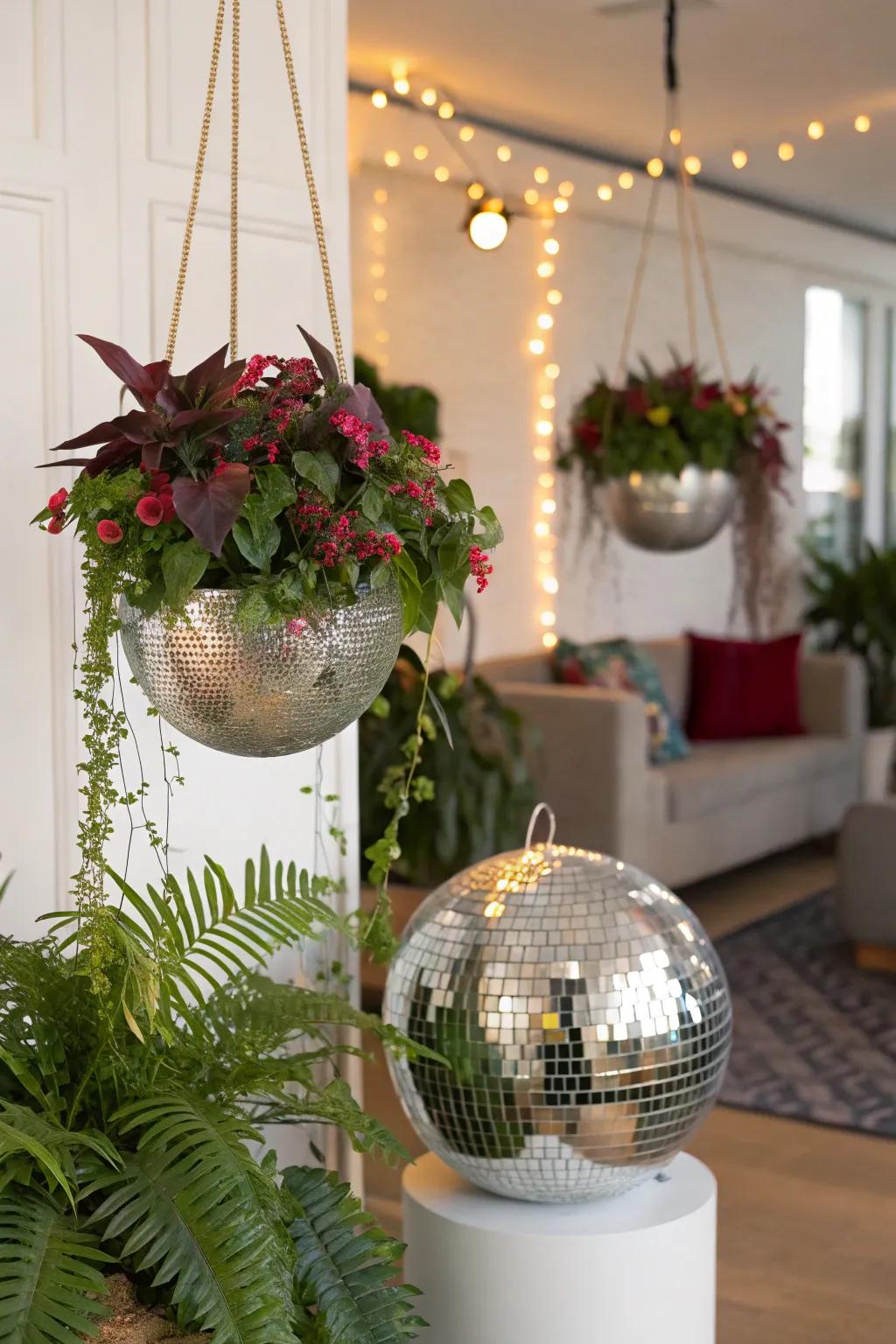 Reflective sphere planters contribute an element of greenery and shimmer to the ornamentation.