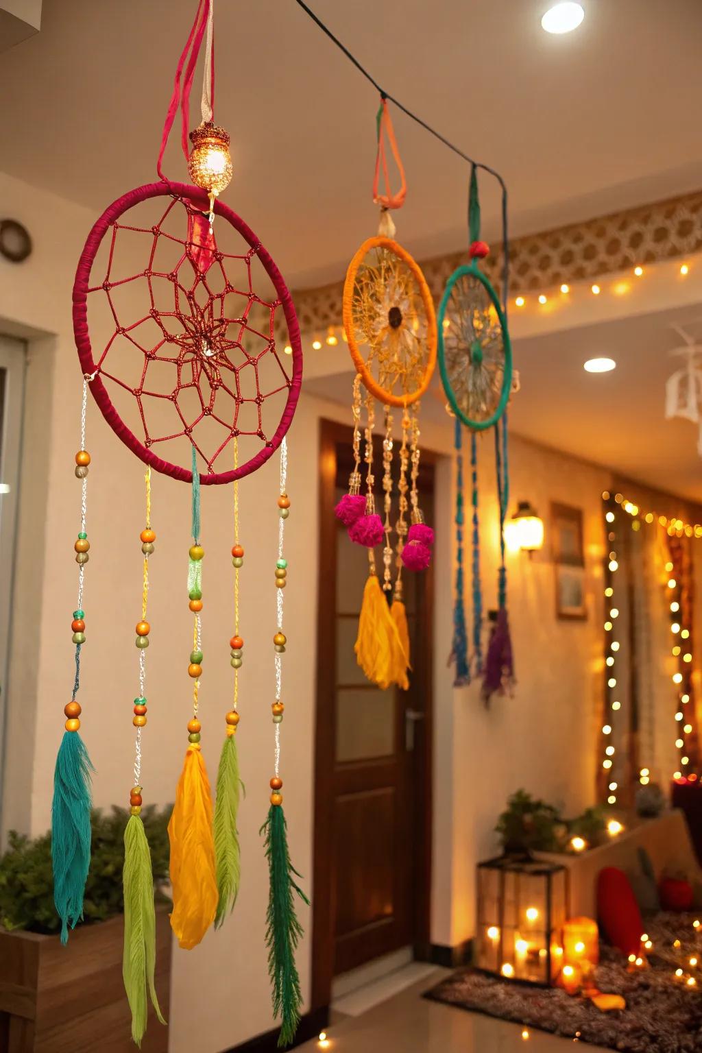 Dream catchers convey a whimsical and vibrant element.