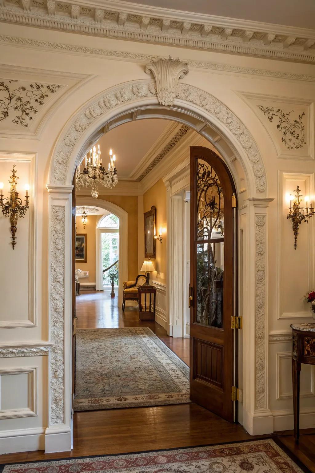 Arched entrance with refined trim cultivates a dramatic portal.