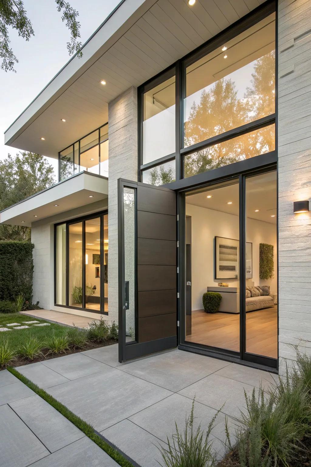 Formulate a modern proclamation by integrating pivot doors.