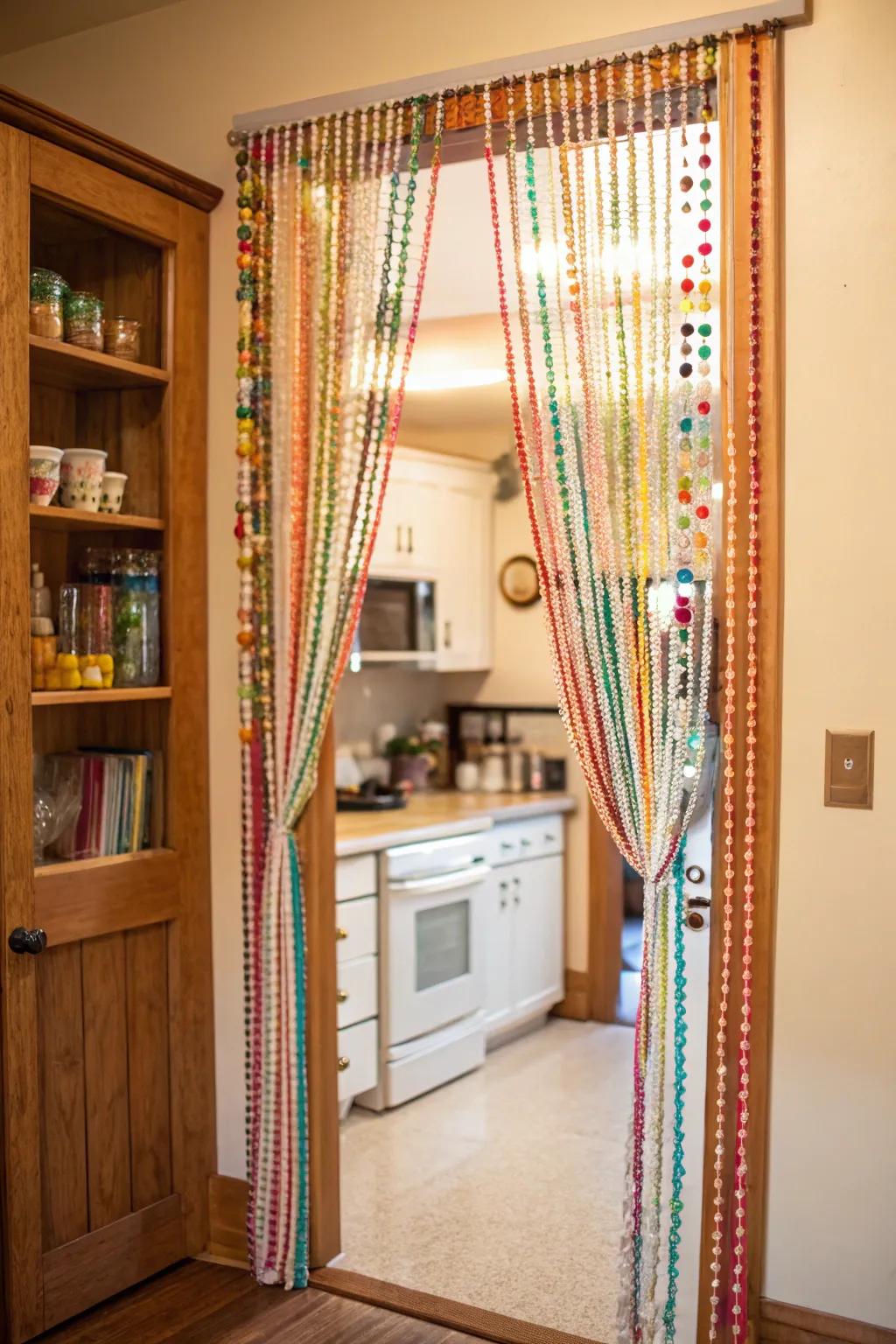 Stringed adornments impart a nostalgic, playful allure to entryways.
