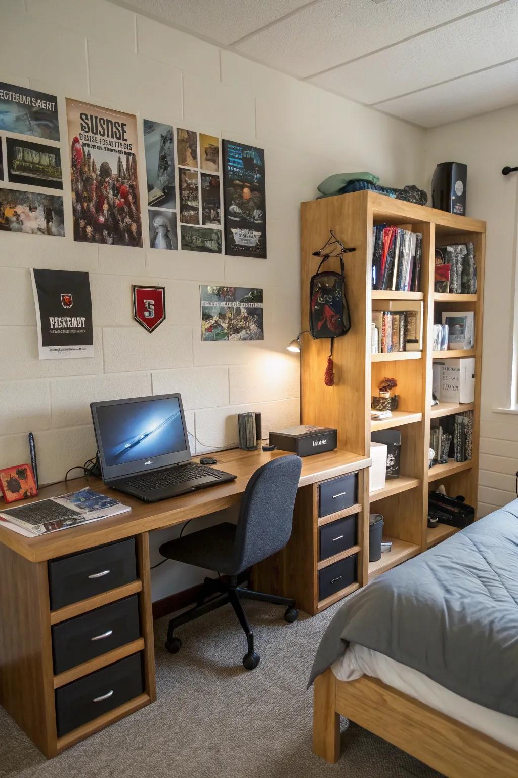 A tech-ready university residence setup with an organized area for electronic devices.