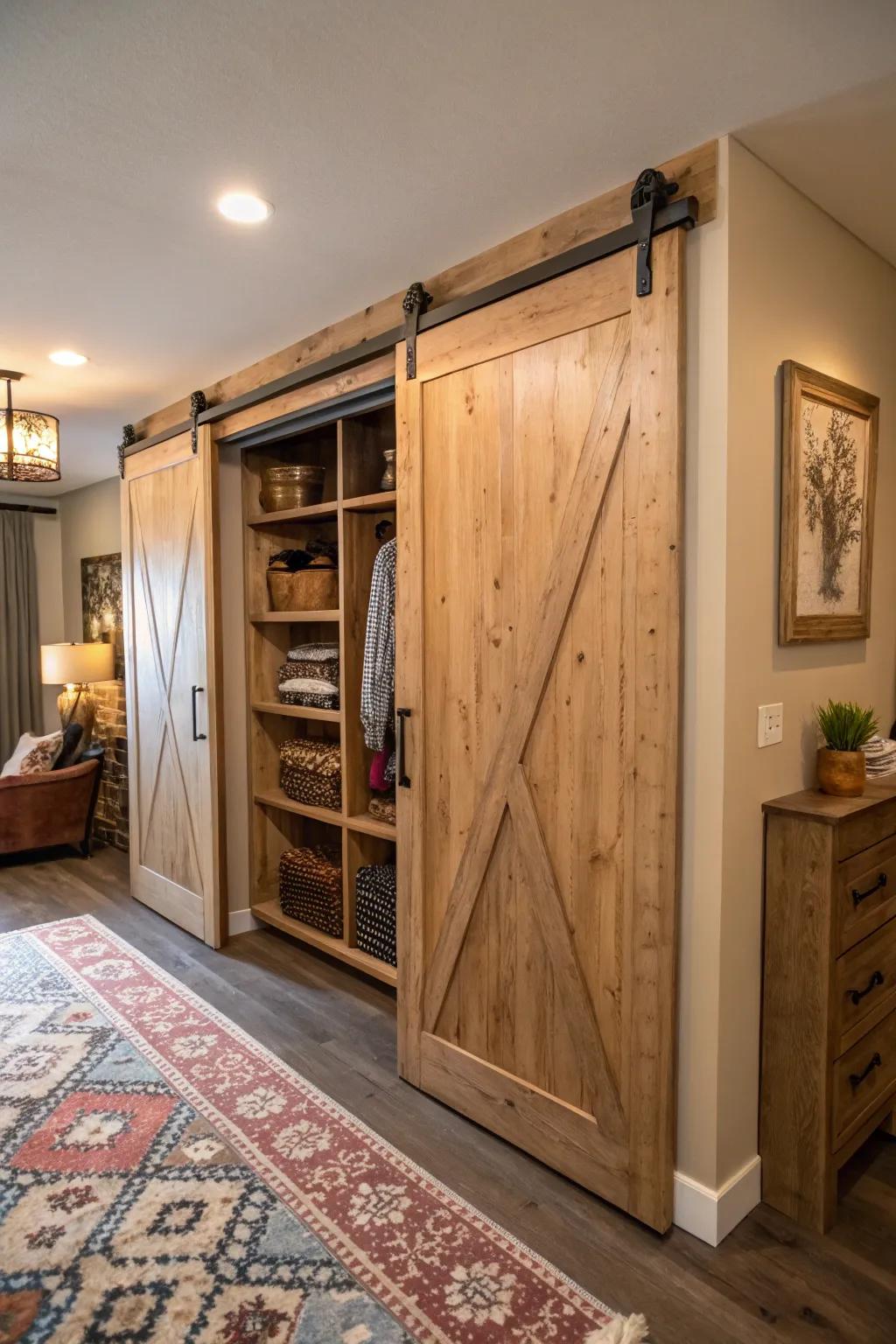 Sliding barn doors introduce rustic sophistication to a double closet.