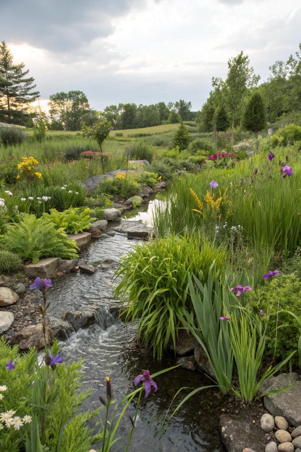 A rain garden incorporated within a swale adds beauty and boosts biodiversity.