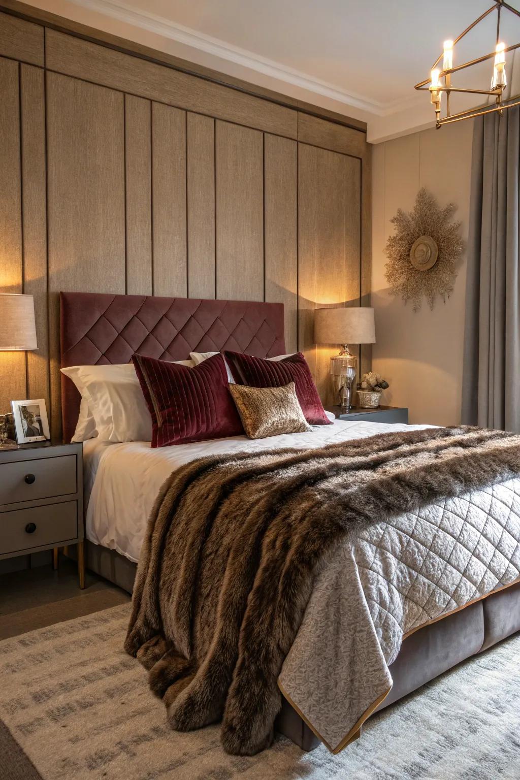 Layered textures enrich the bedroom with depth and fascination.