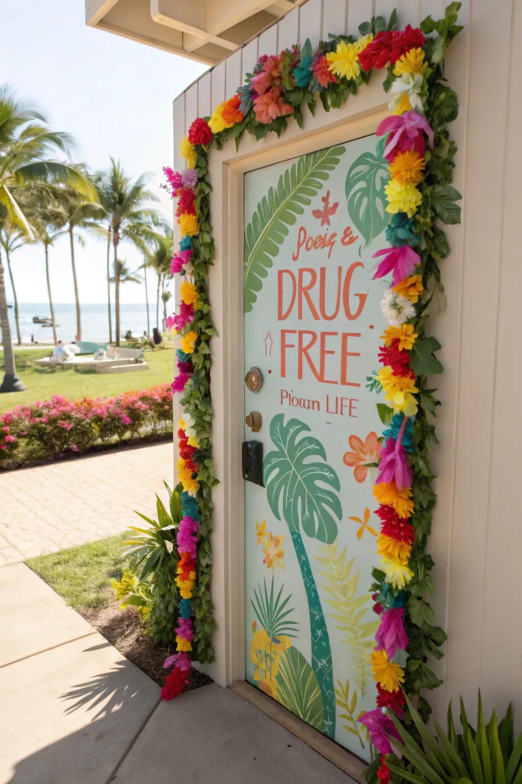 A tropical-themed entrance decor with a substance-free message.