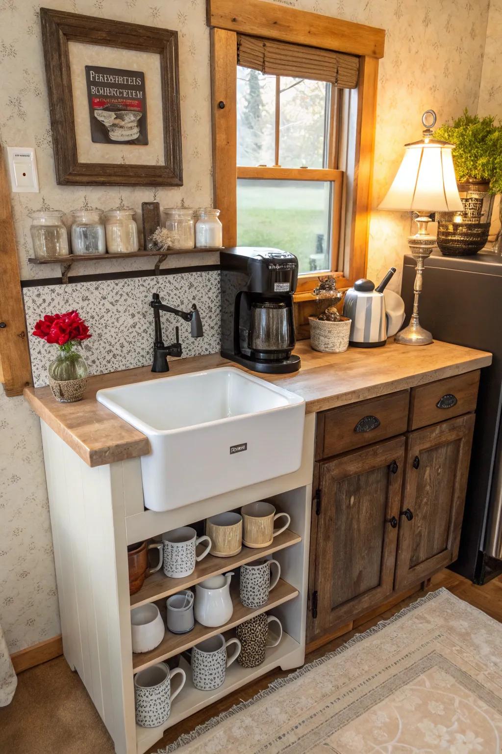 An inviting coffee corner designed from an antique washstand.