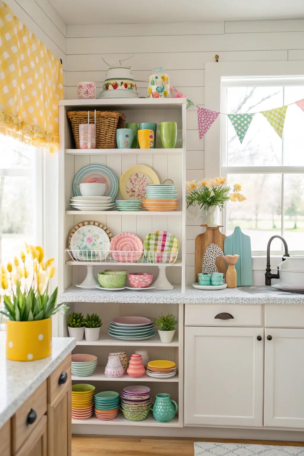 Easter-related kitchenware adds a festive nuance to open shelves.