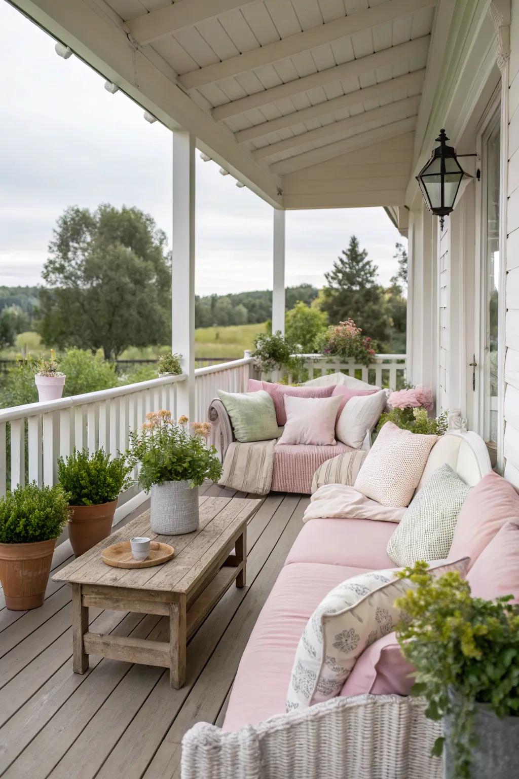 Light-toned cushions provide both comfort and seasonal style.