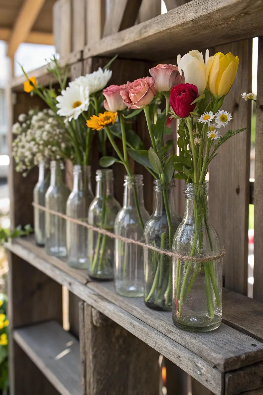 Vintage bottles contribute a nostalgic essence to flower arrangements.