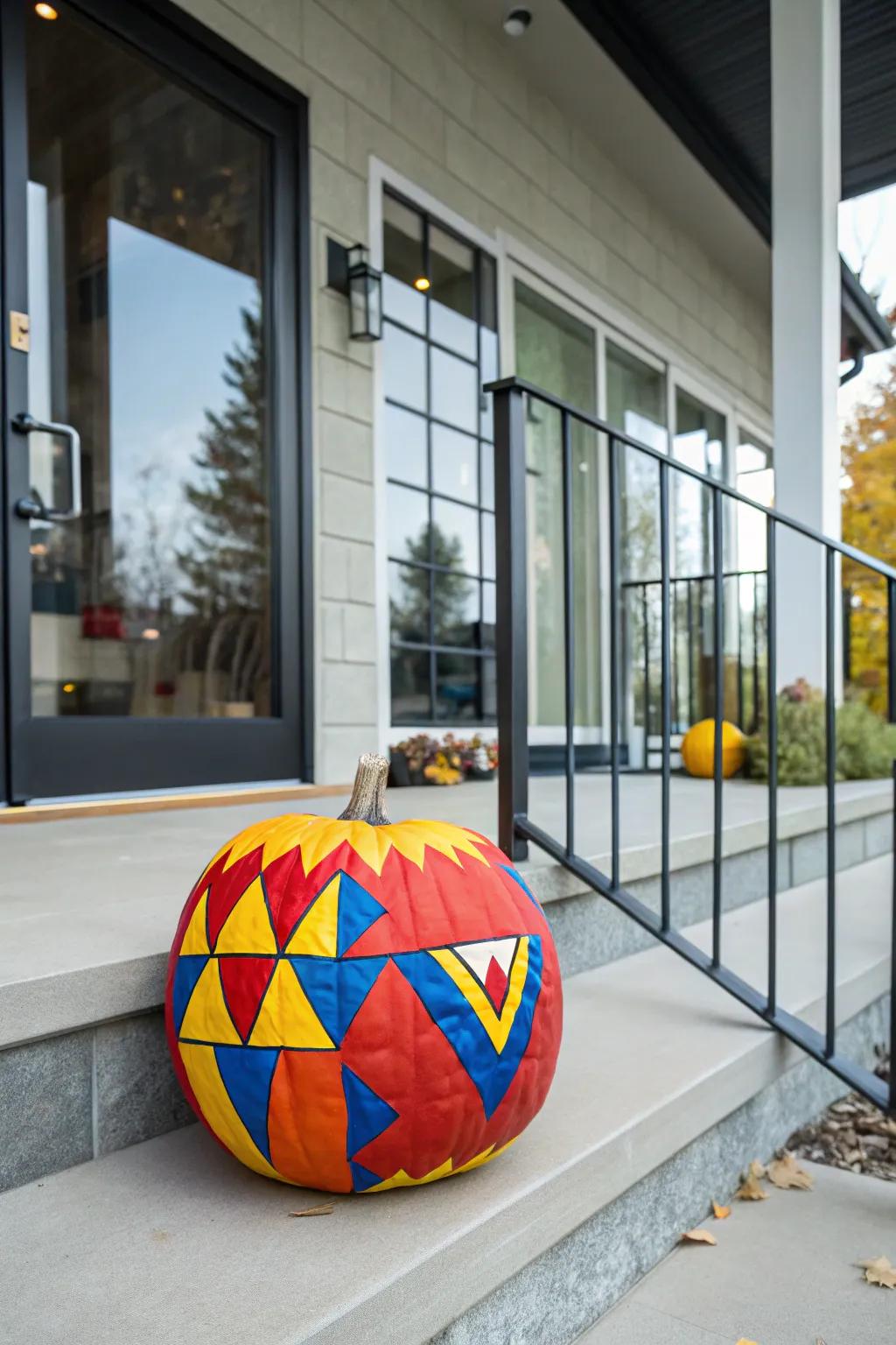 Geometric forms impart a contemporary flair to this pumpkin, ideal for stylish Halloween decor.
