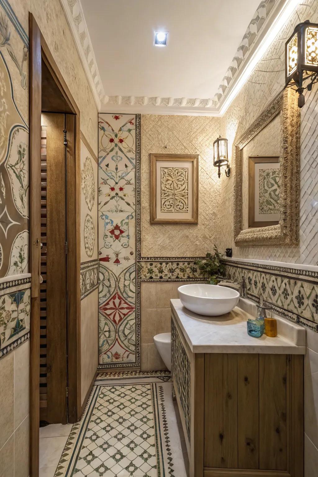 Patterned facades imbue depth into the design of this exquisitely designed bathing area.