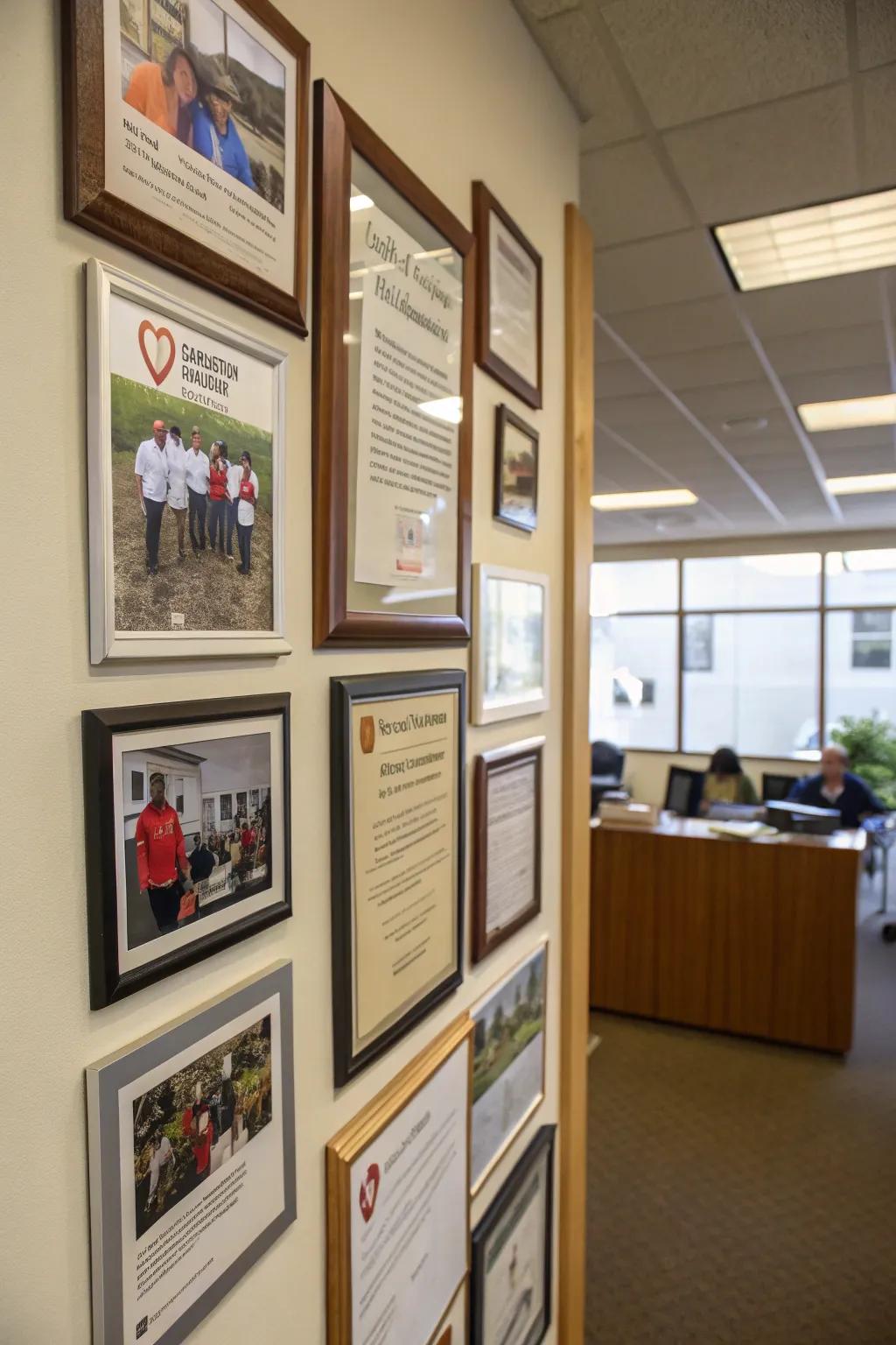 A philanthropy wall displaying contributions to social causes.