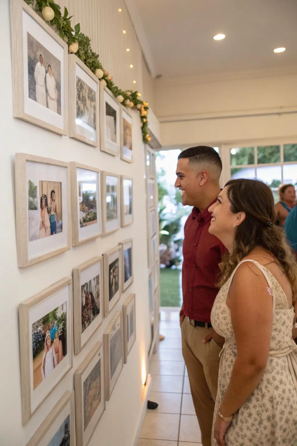 A photo wall exhibiting the couple's memorable moments.