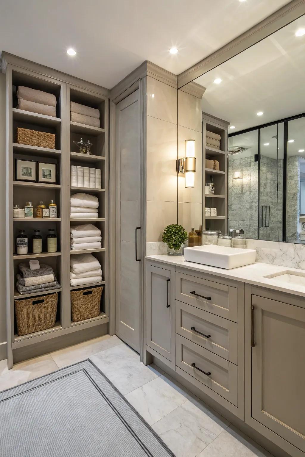 Innovative storage solutions maintain a clean and efficient ensuite.