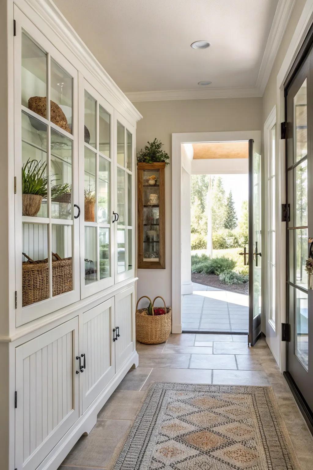 Glass-front cabinets let natural light in, enhancing the entryway's brightness.
