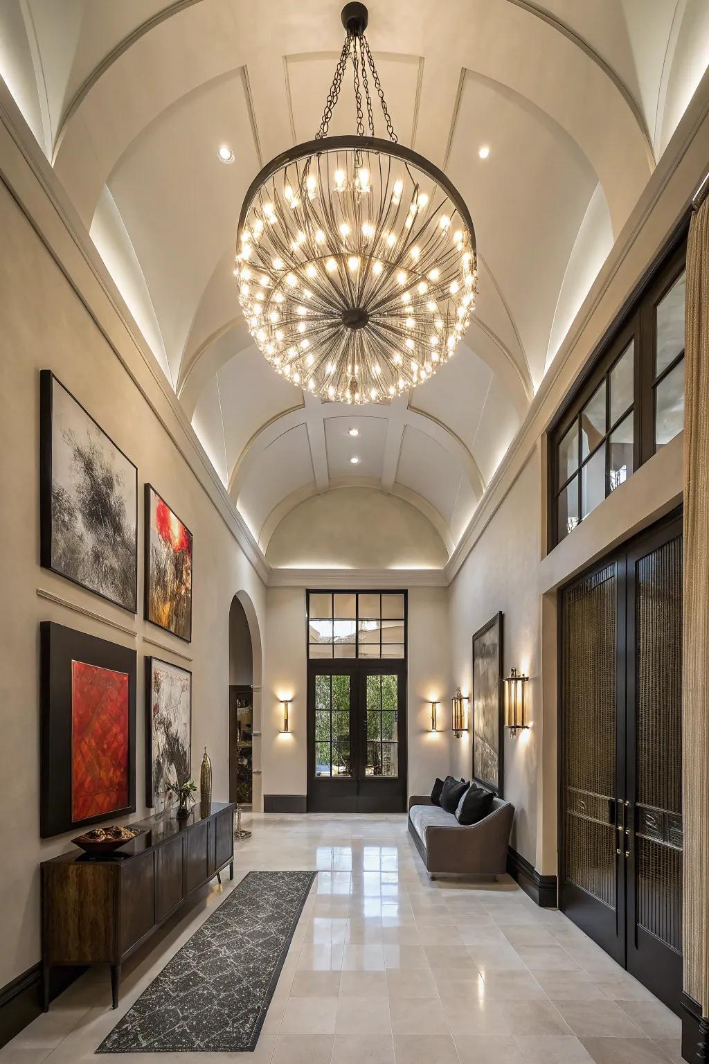 A statement lighting fixture establishes the ambiance for this stylish entryway.