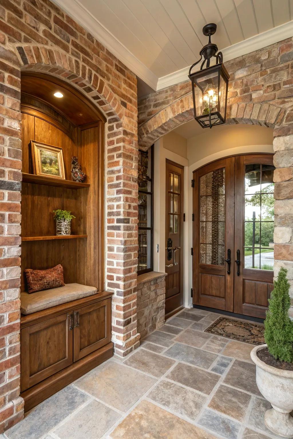 A blend of textures imparts a warm and inviting atmosphere to this entryway niche.