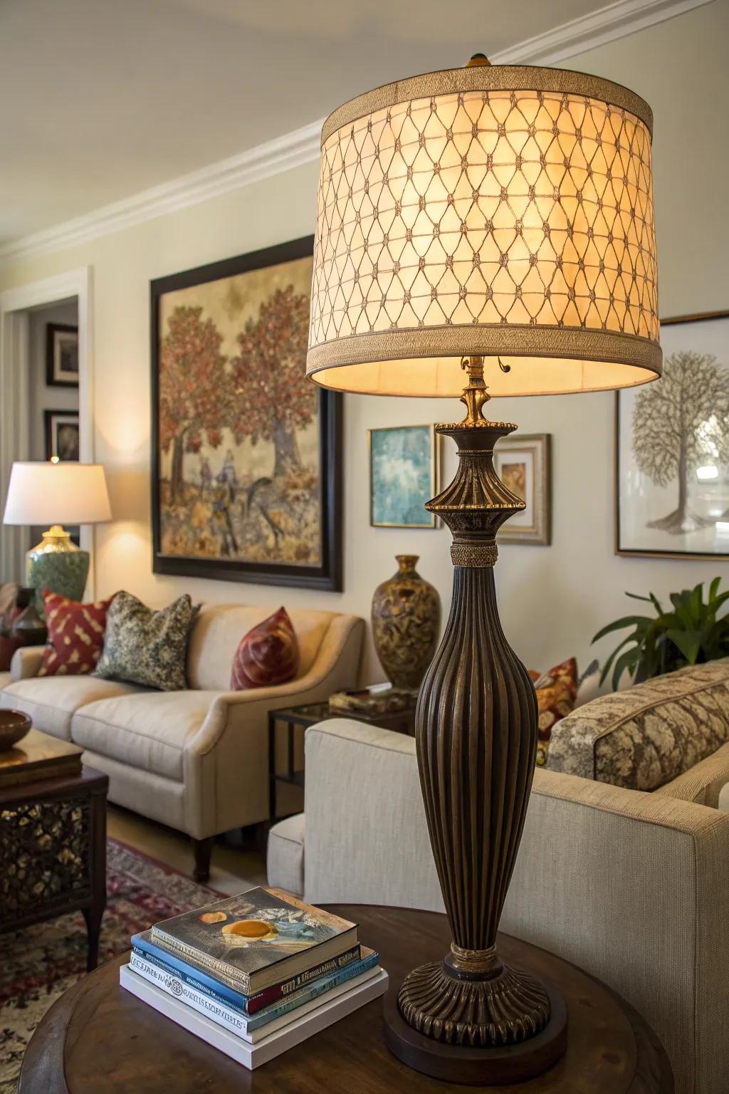 Prominent pieces add personality to this European-style living room.
