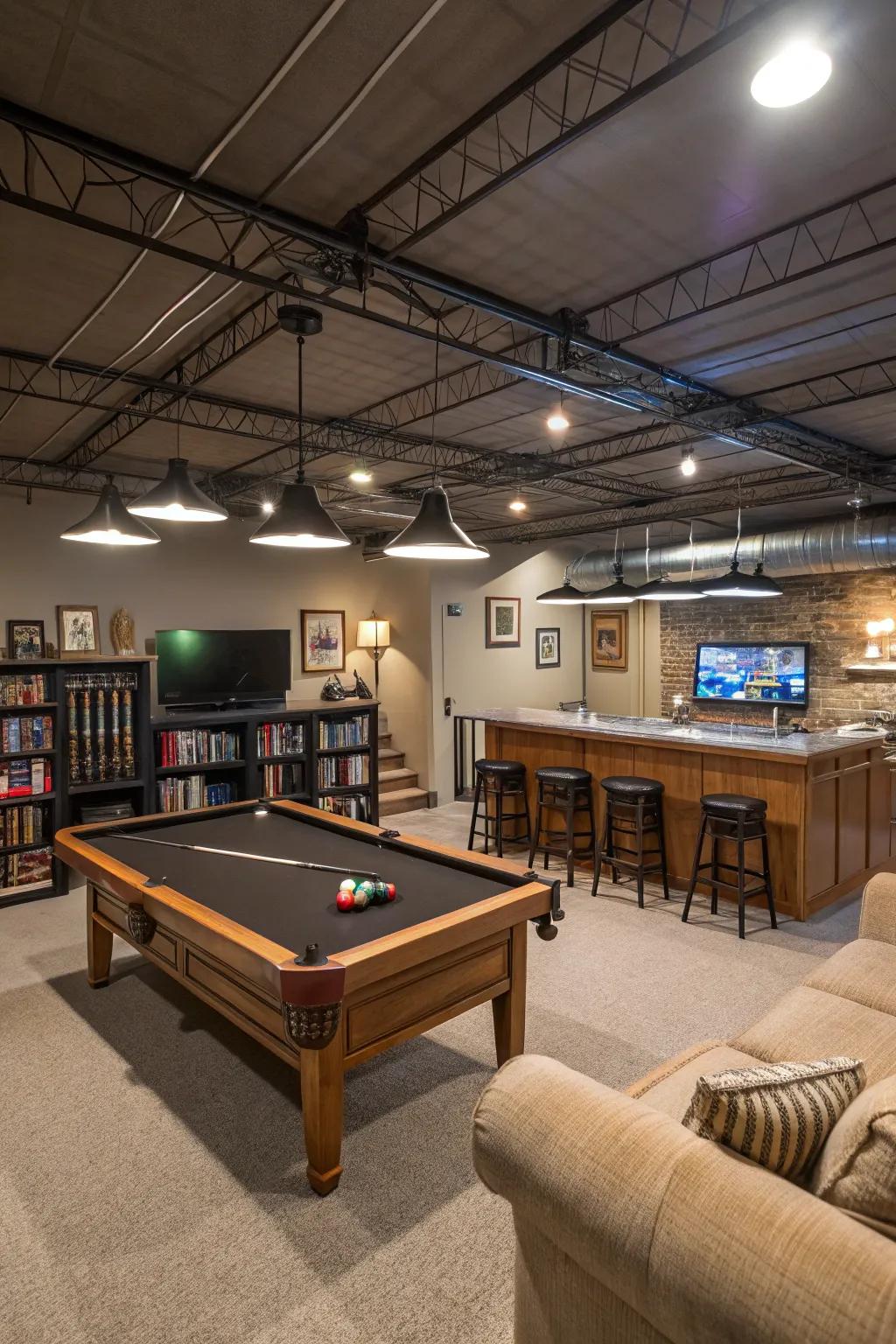 Strategic furniture arrangements fashion useful sectors in a basement with an open ceiling.