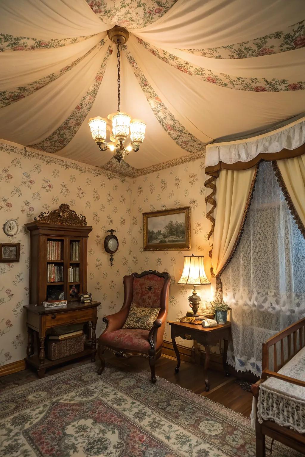 Incorporate past era appeal using sentimental textile ceilings.