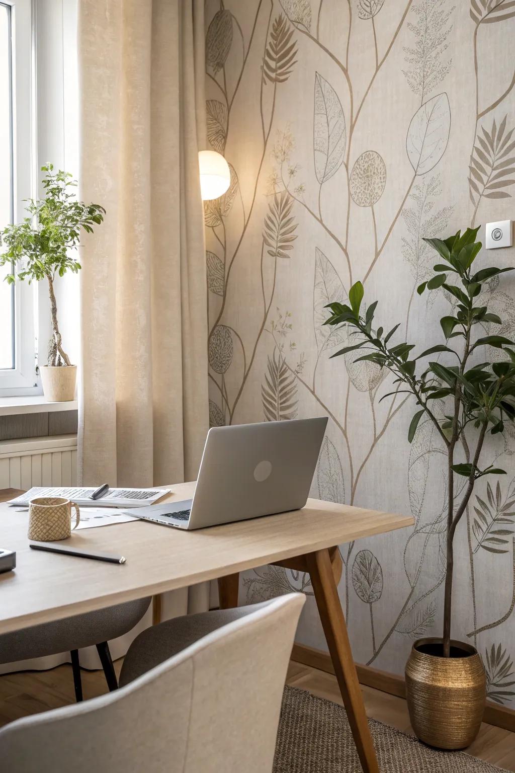 Applying fabric wallpaper in subdued tones can engender a serene and elegant office setting.