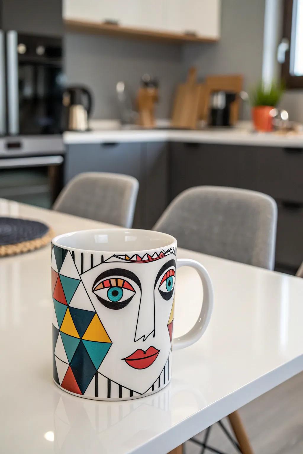 A geometric face mug that blends modern art with functional design.