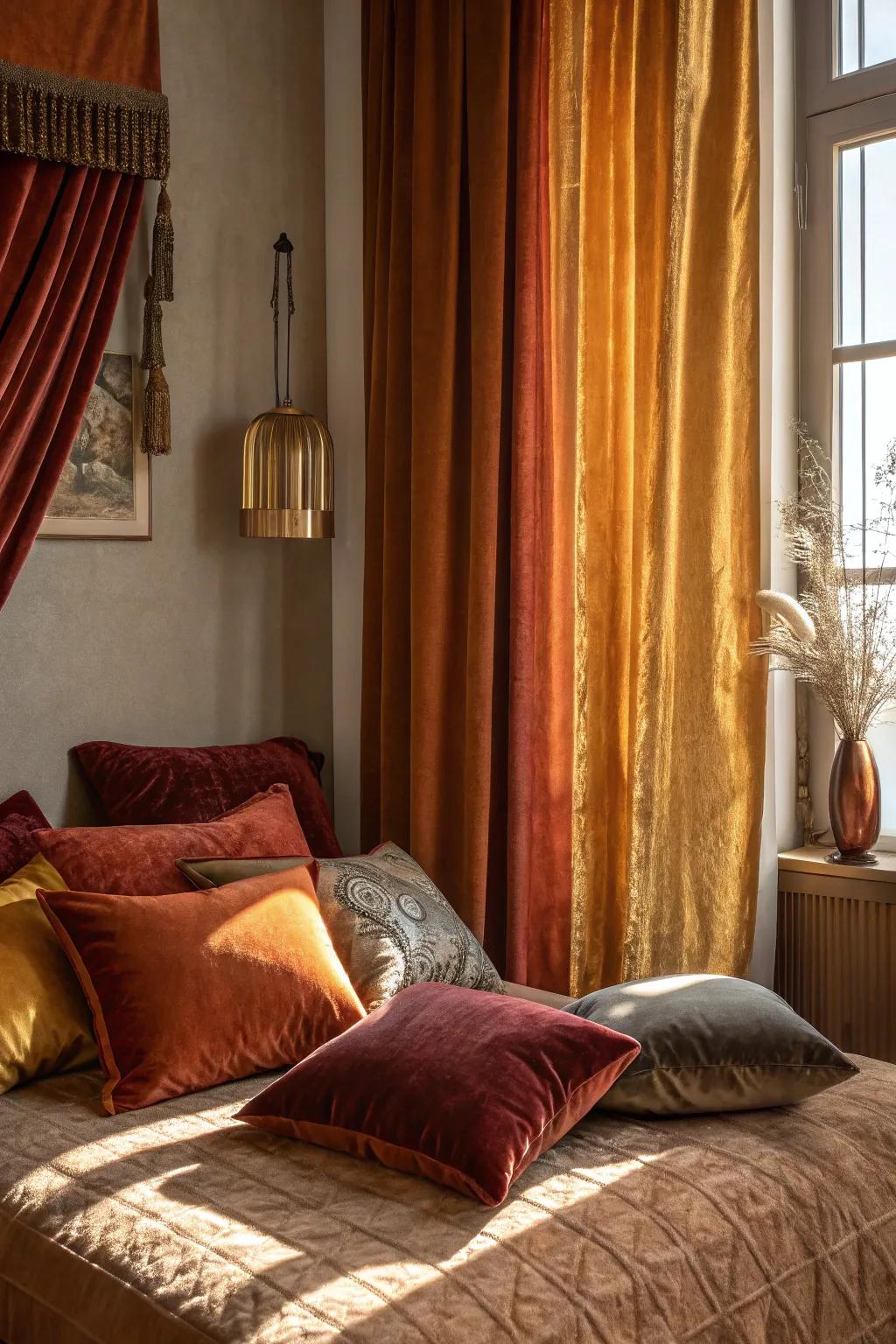 Velvet incorporates opulence and warmth into your fall-themed bedroom design.
