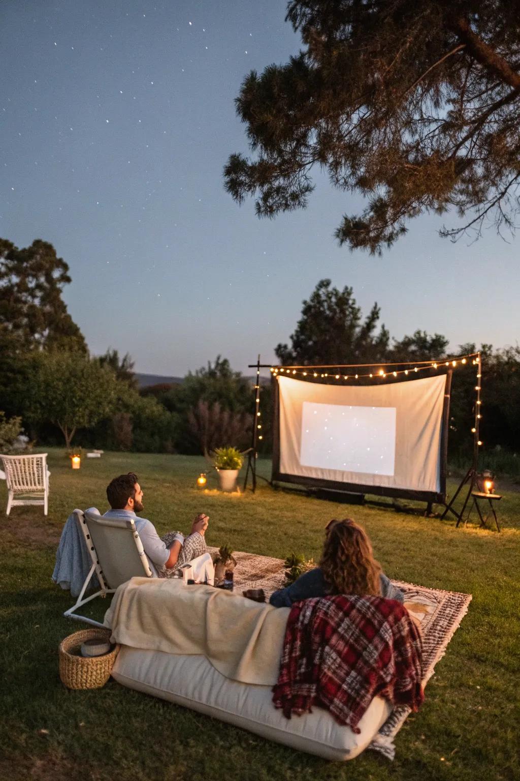 A cozy outdoor film viewing beneath the autumn sky