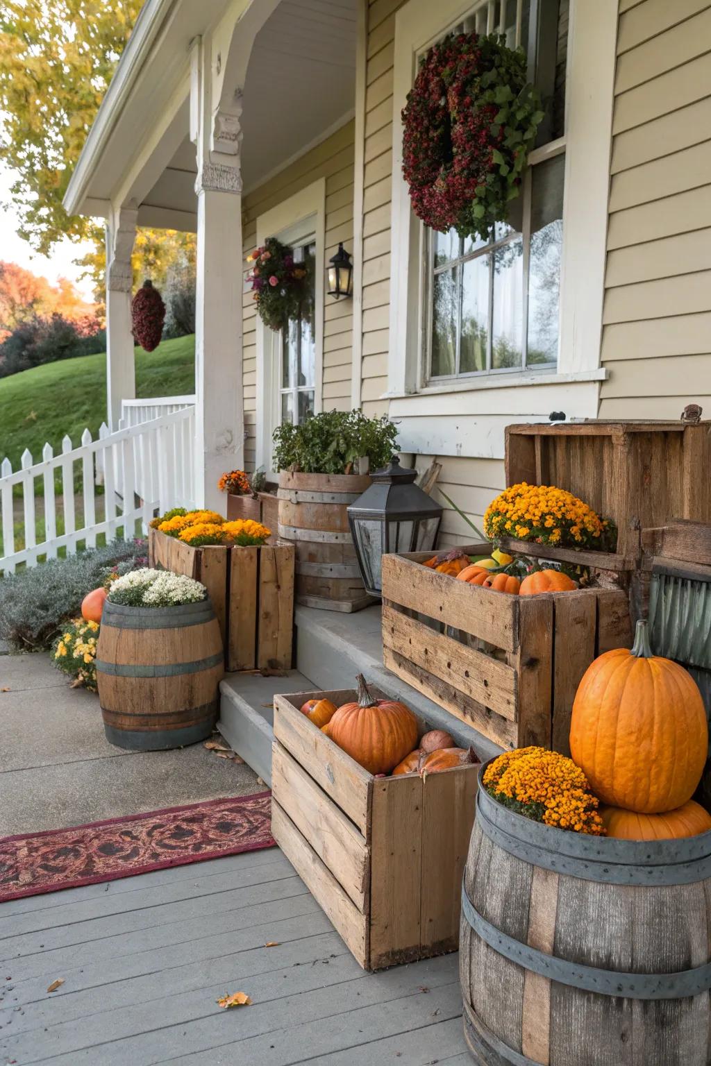 Wooden elements lend a rustic touch, perfect for presenting fall decorations.