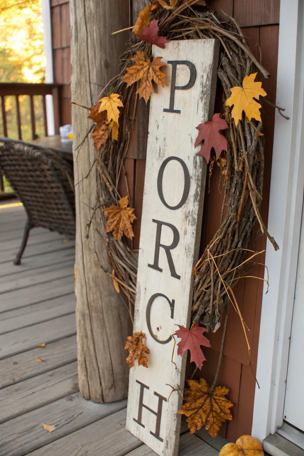 Incorporate nature into your porch with a display adorned with twigs and leaves.