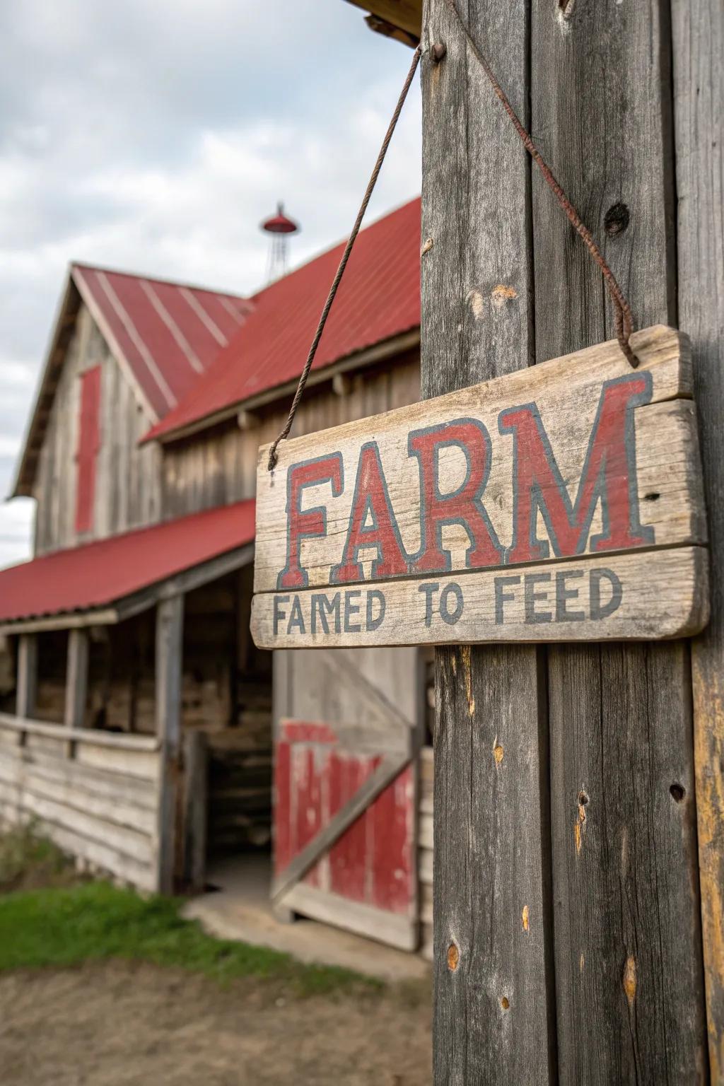 Vintage allure and sustainability converge within a pastoral barn timber sign.