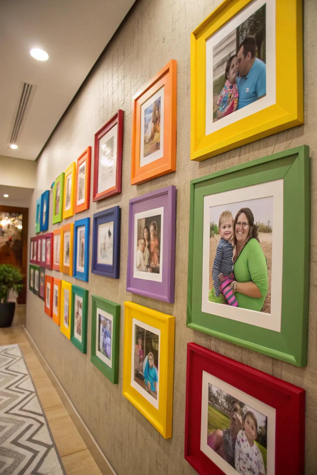 Colorful backings framing family photographs for a vibrant and engaging wall display.