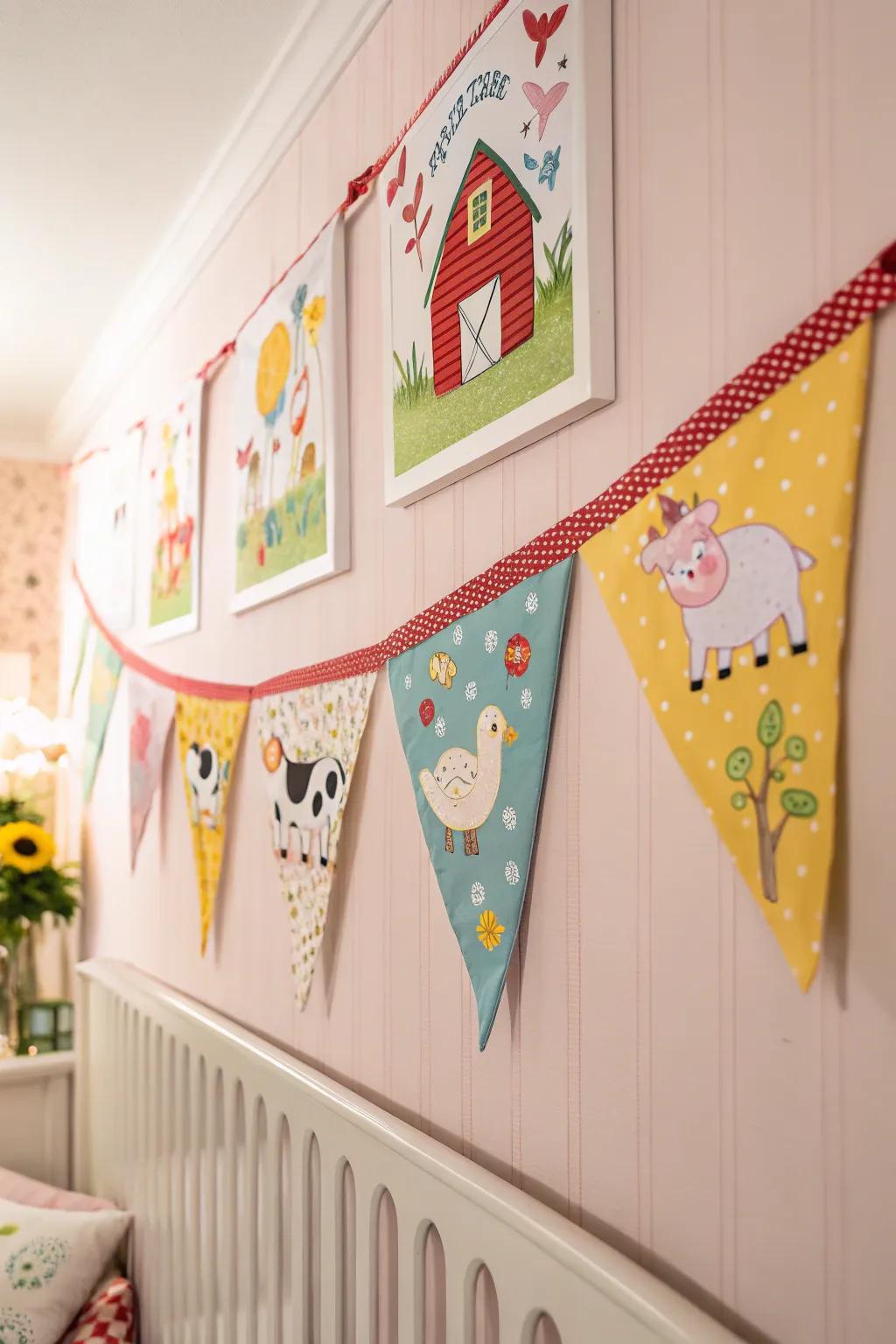 Pennants introduce a festive feel to your barnyard creature baby's room.