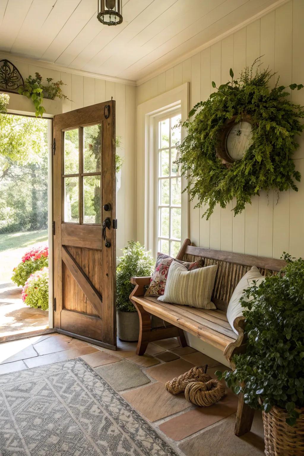 Verdure and a garland introduce a revitalizing element to the entryway.