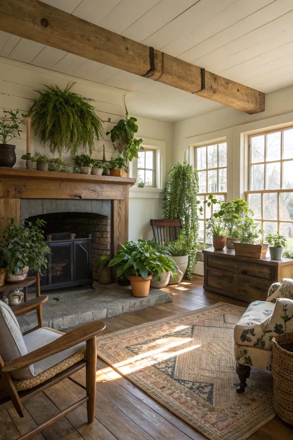 Foliage imparting unspoiled beauty to a farmhouse fireplace.
