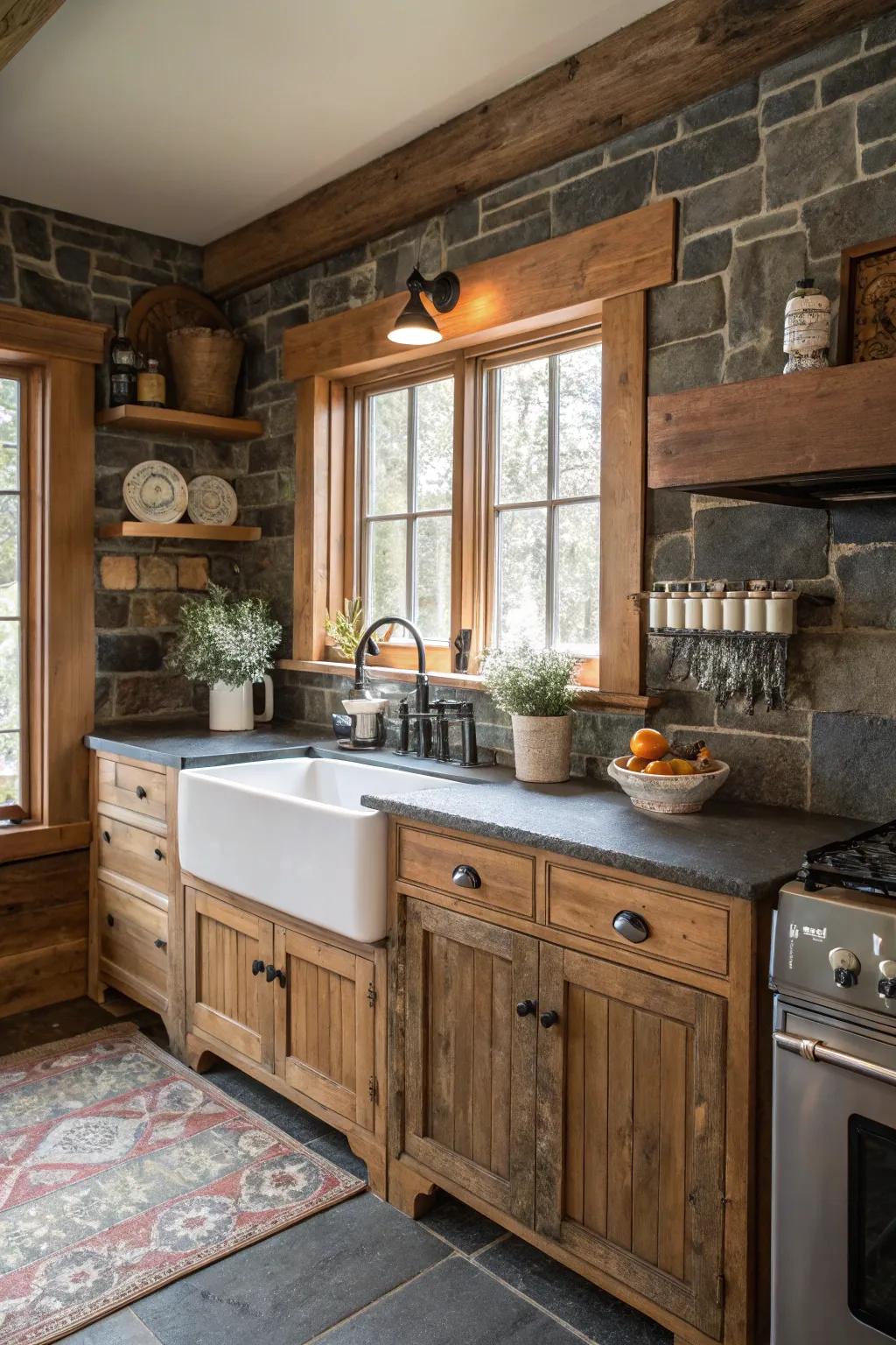 A country-style kitchen featuring a rustic slate backsplash.