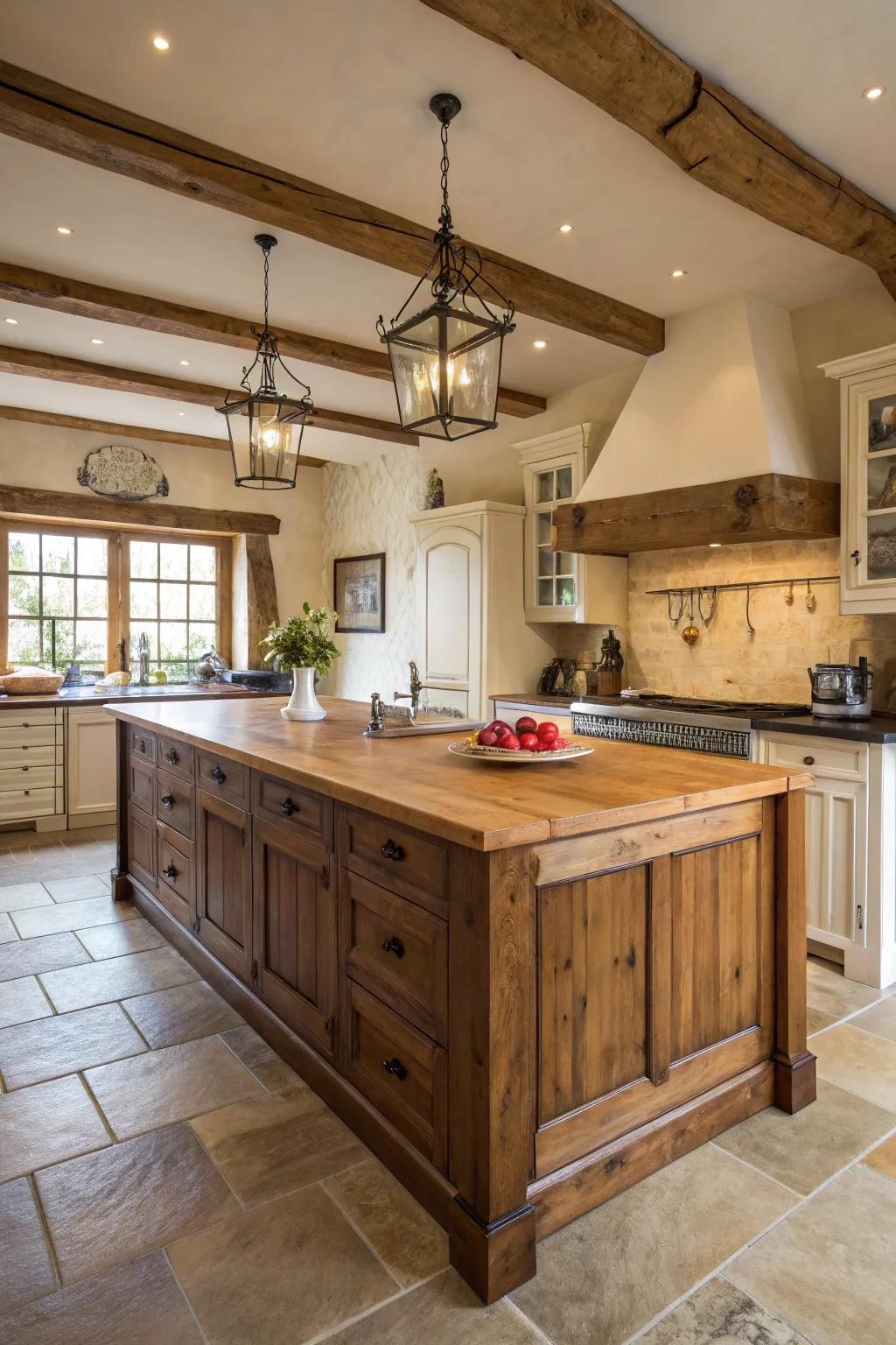 A farmhouse kitchen showcasing an expansive timber central island.
