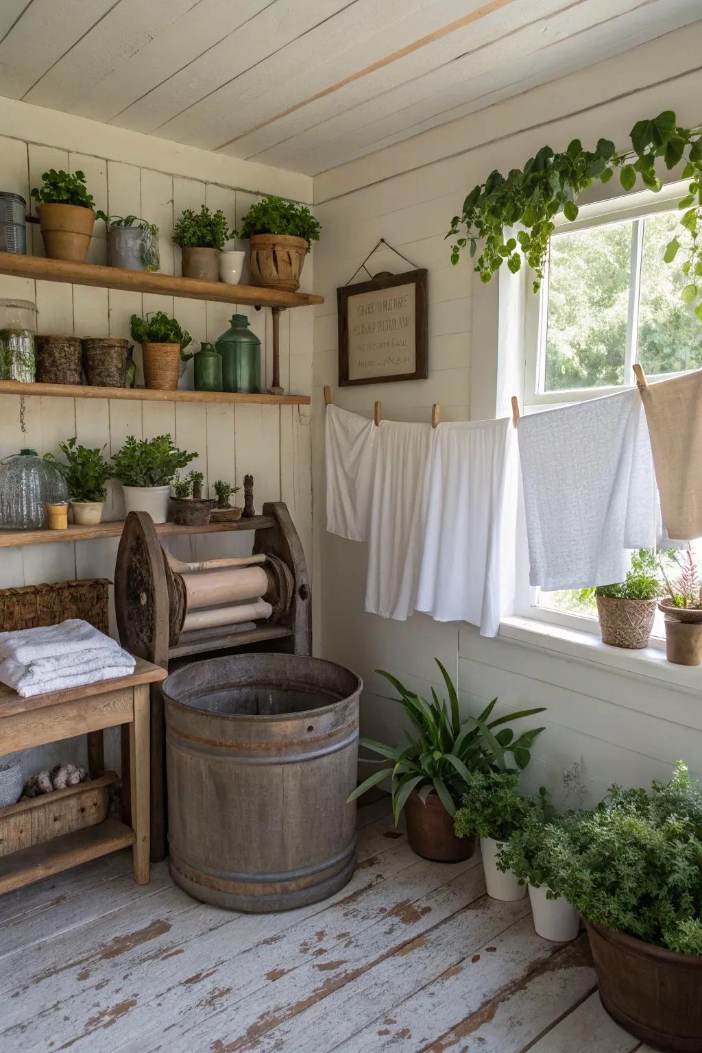 Flora adds a natural and lively element to this charming laundry area.