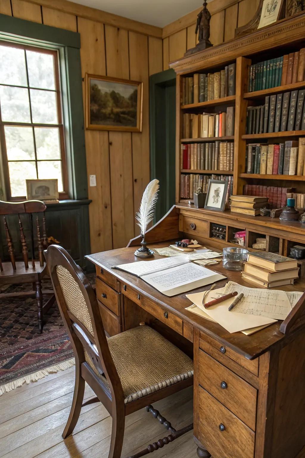 A writing desk offers a practical workspace within the library.
