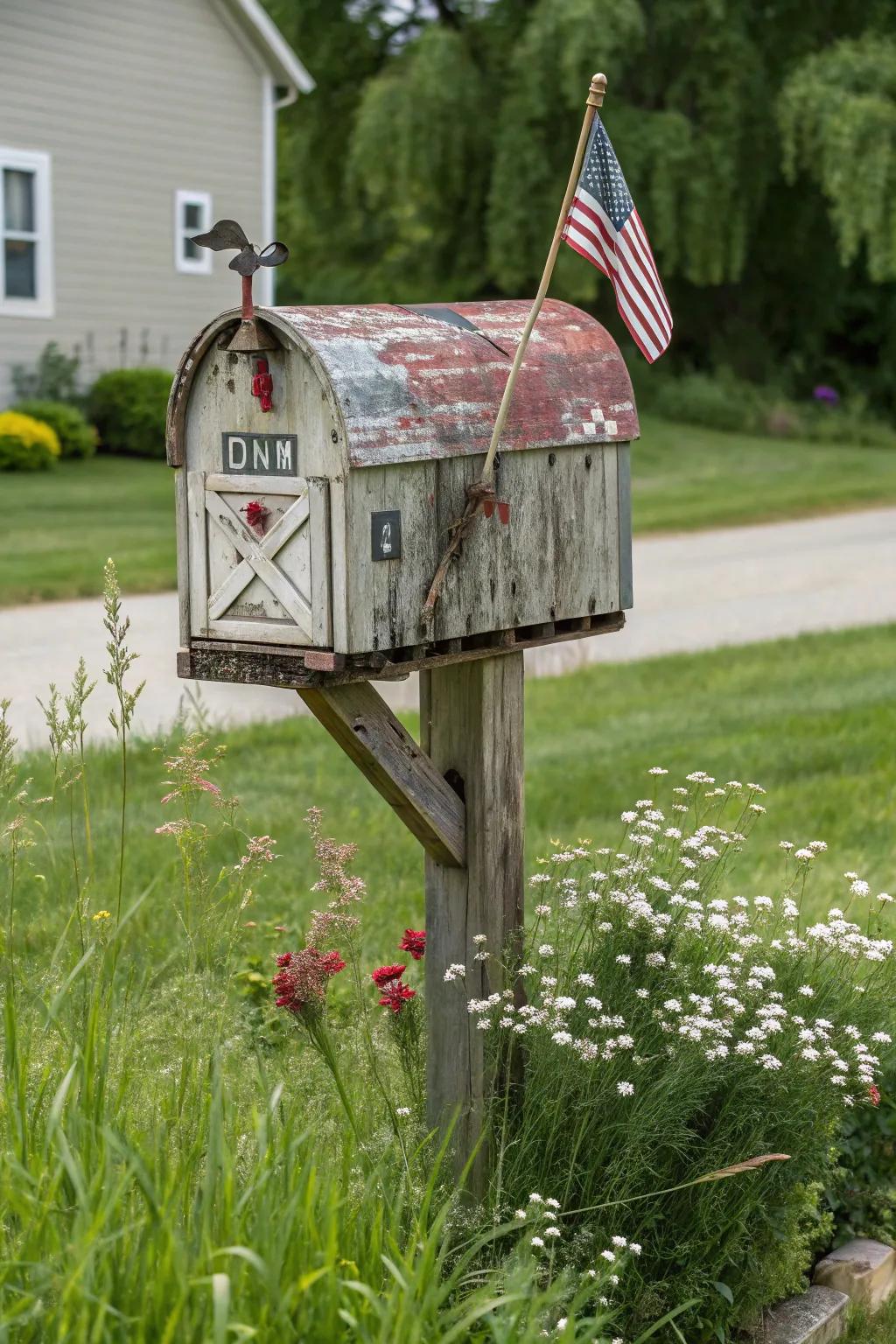 An envelope-shaped mailbox adds vintage charm to any farmhouse.