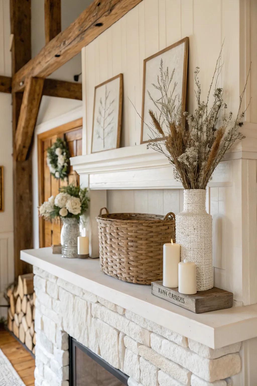 Neutral tones offer a timeless and graceful base for the mantel.