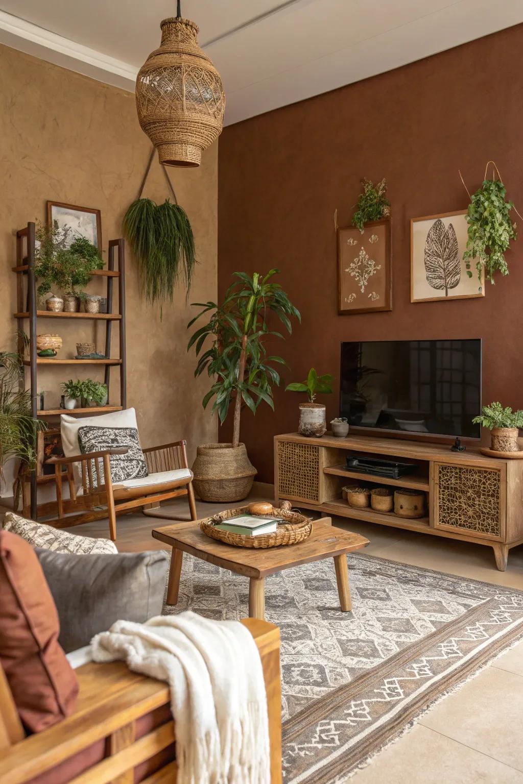 Terraneous brown walls provide a warm, inviting backdrop.