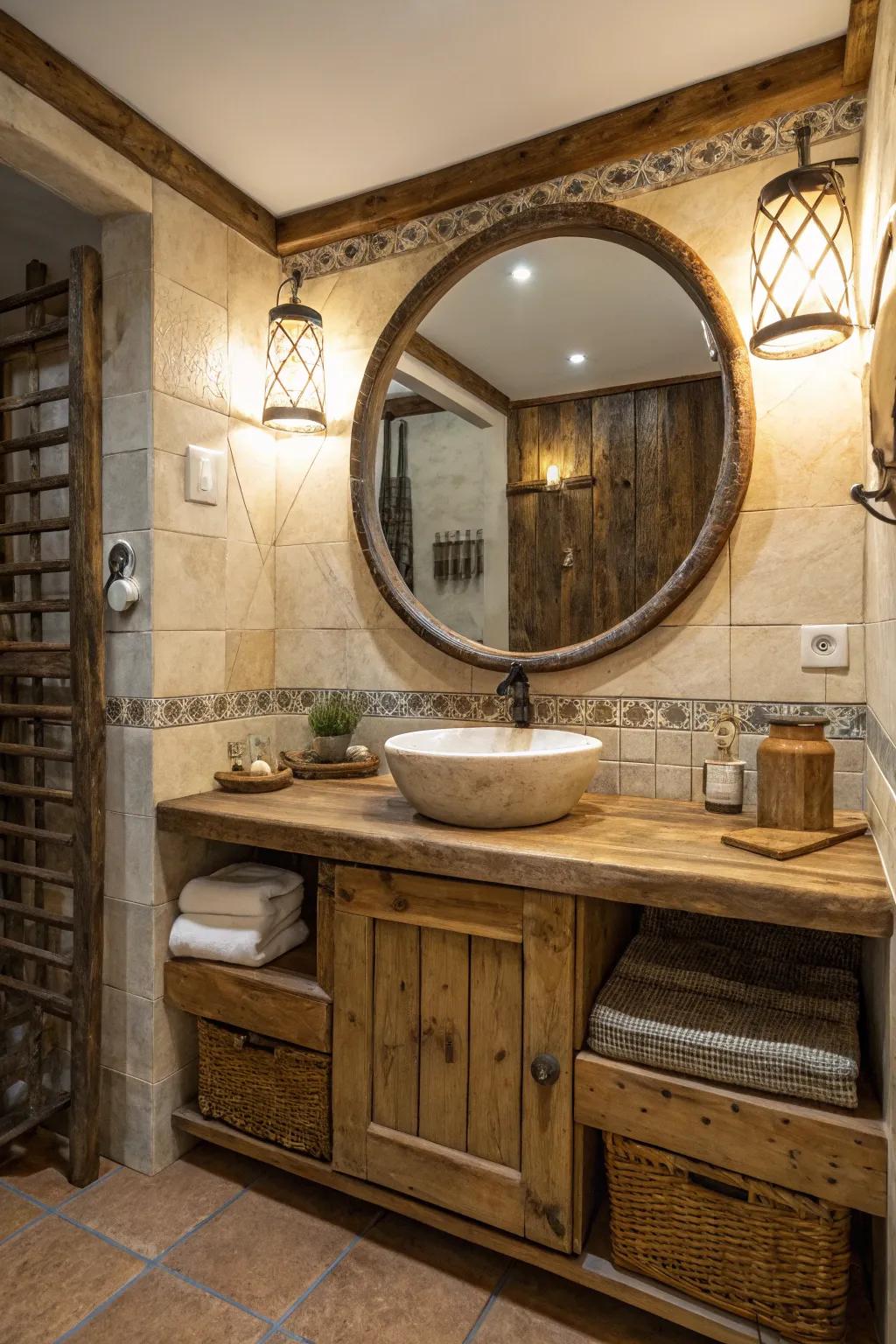 A circular looking glass acts as a fashionable focal point within this farmhouse bathroom.