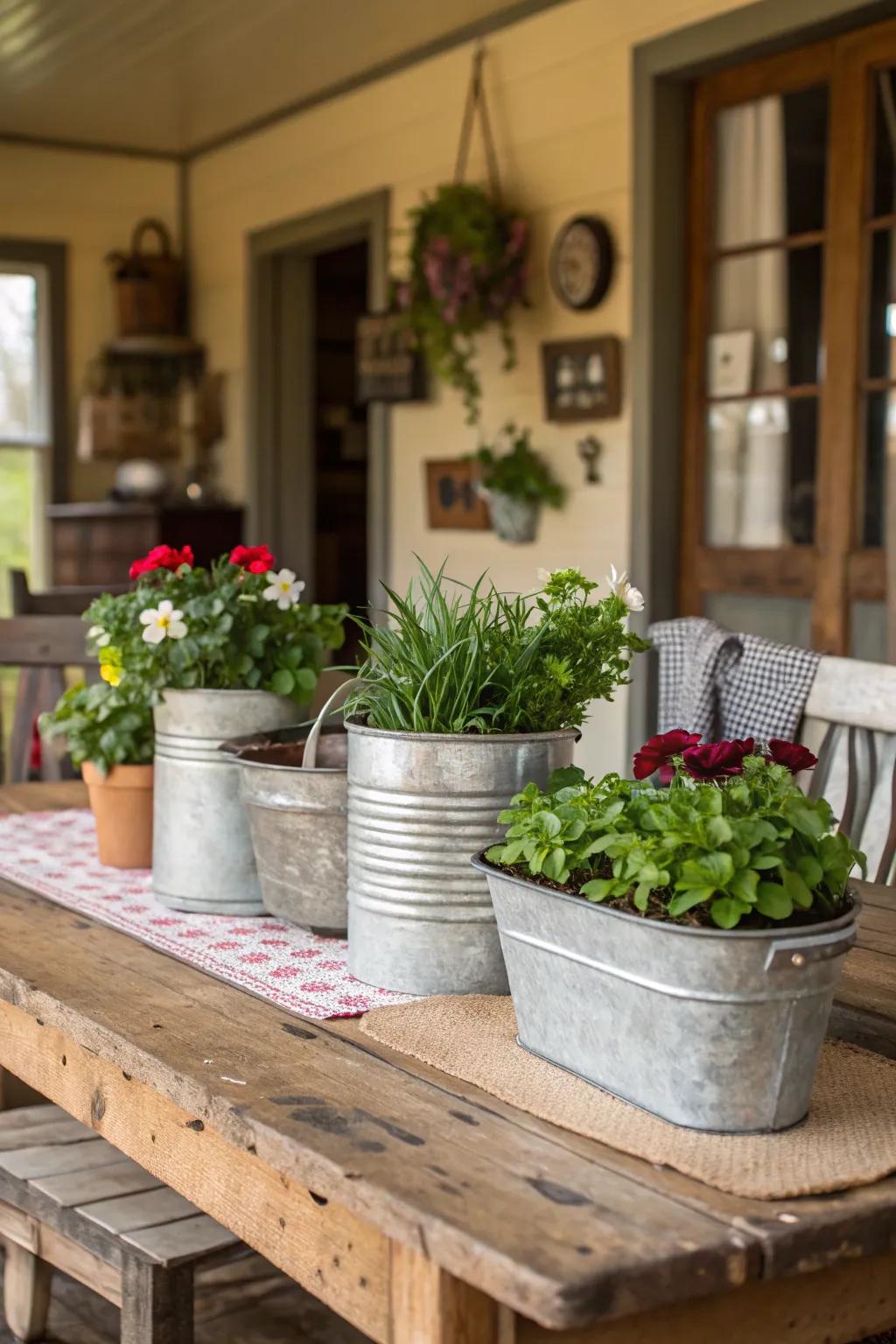 Repurposed metal objects introduce an unexpected twist and personality to your centerpiece.