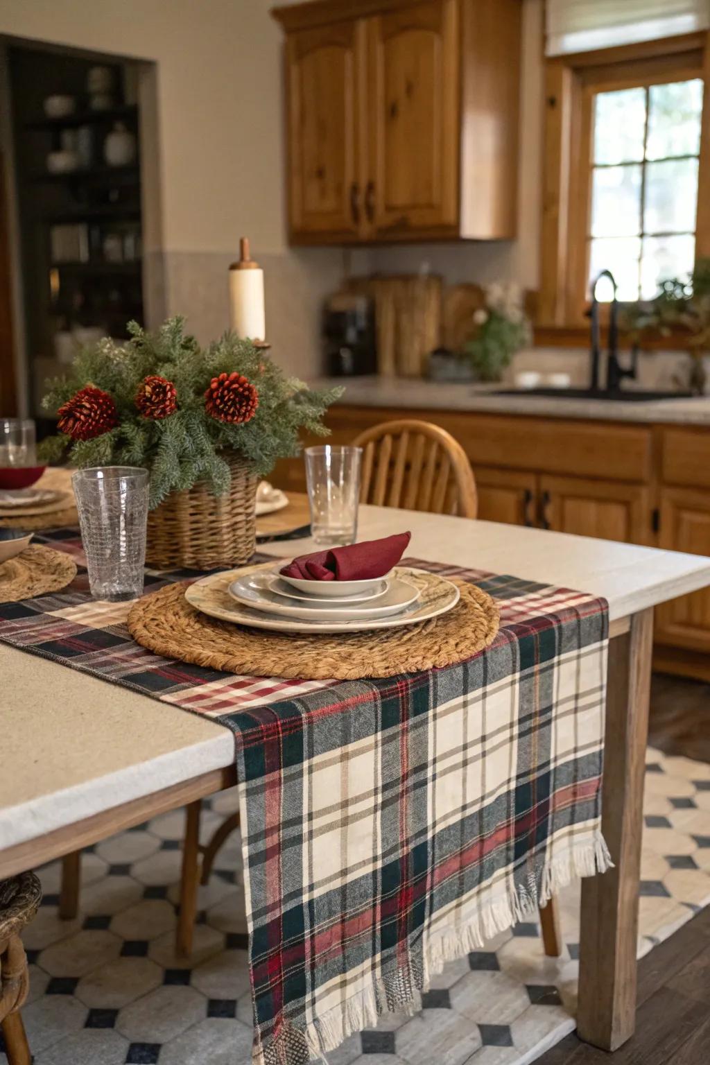 Tartan adornments contribute a snug, inviting sensation to the table.